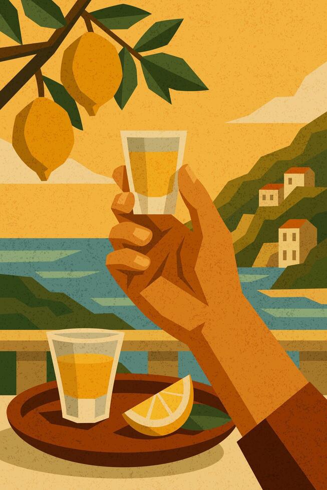 Hand holding a glass of limoncello. modern geometric drink illustration with Italian seaside view, lemons and warm Mediterranean atmosphere vector