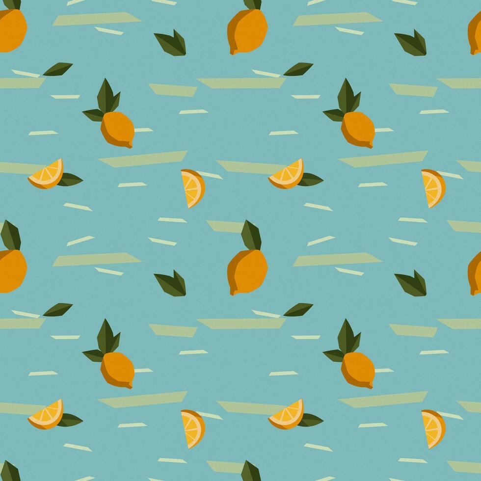 Seamless pattern lemons, slices and leaves modern geometric citrus background vector