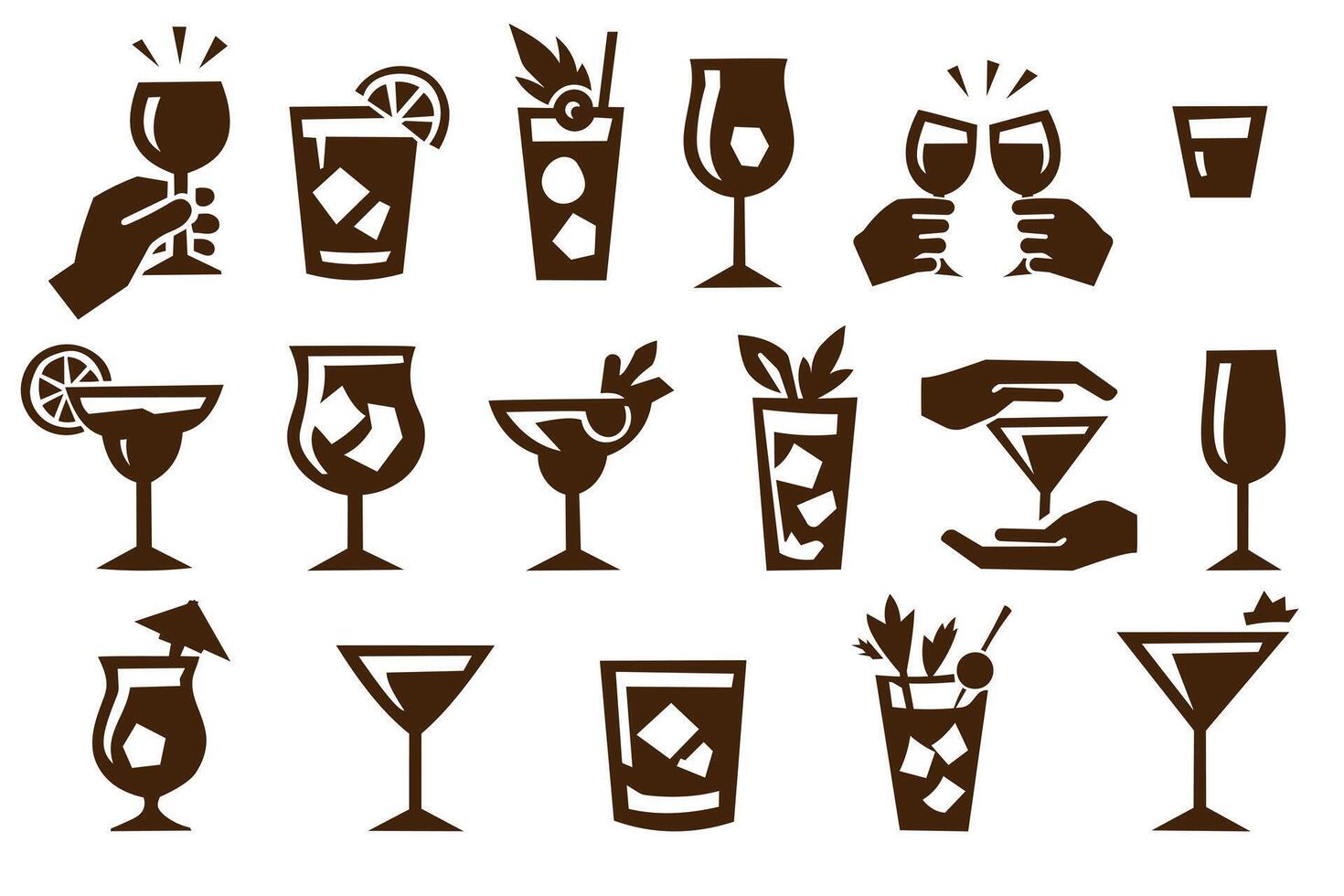 Set of minimal drink icons in monochrome style, assorted cocktail glasses with ice and garnish vector