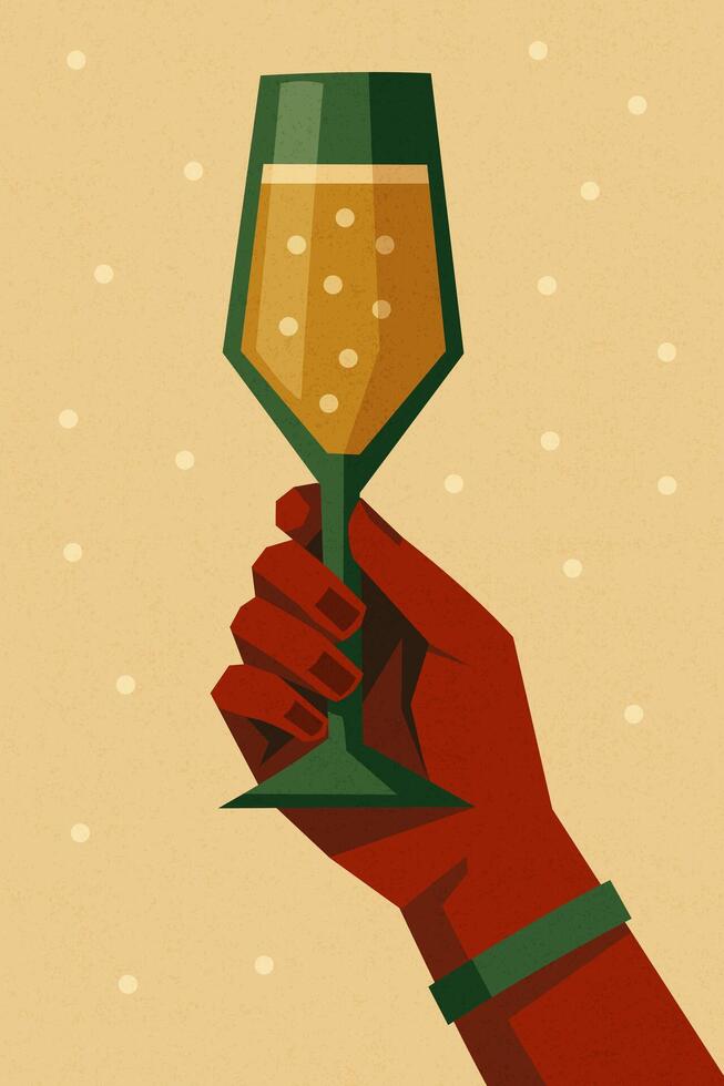 Hand holding a champagne glass with bubbles. modern geometric drink illustration on festive background with minimal retro aesthetic vector