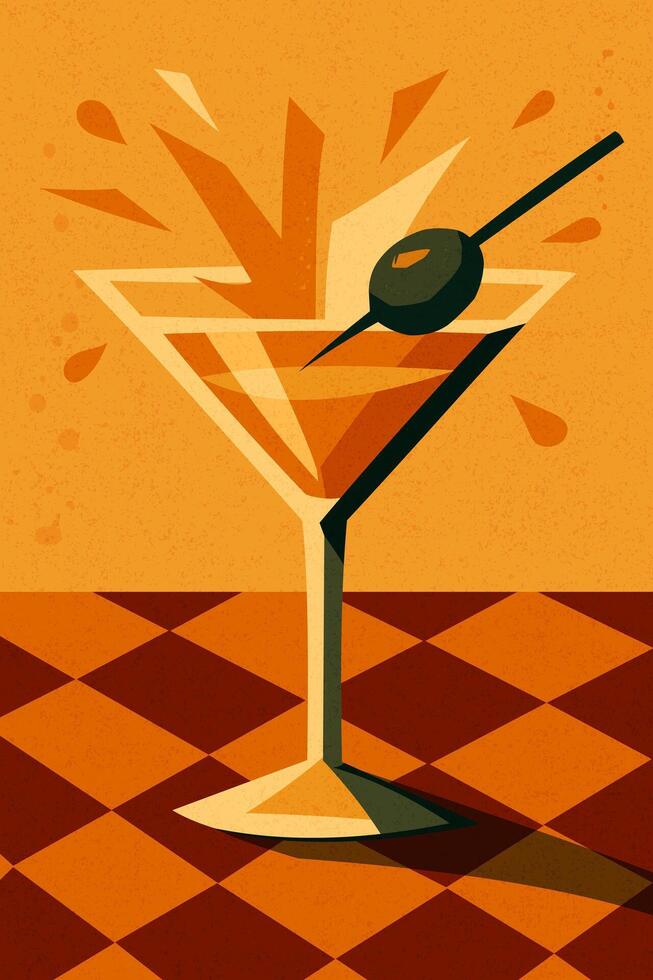 Martini glass with olive and splash on warm background vector
