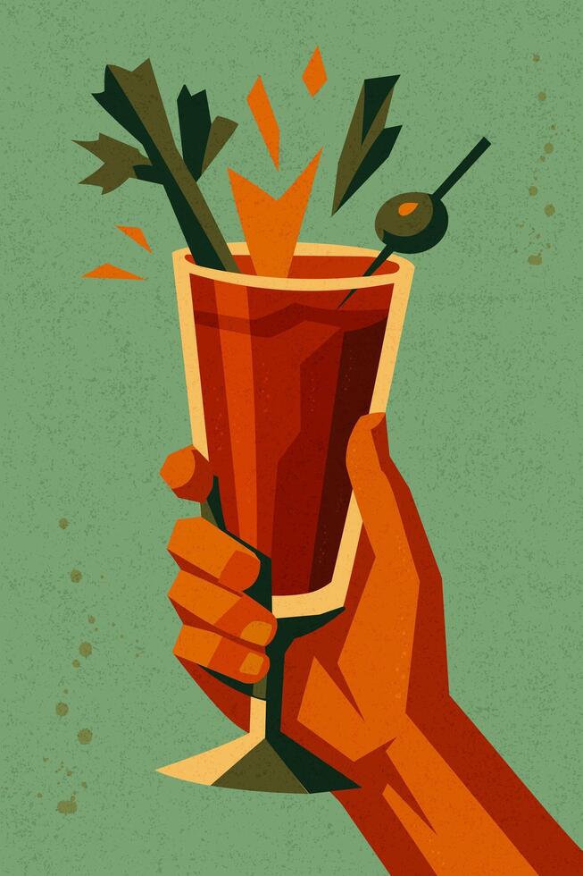 Bloody Mary cocktail with celery and olive held in hand vector