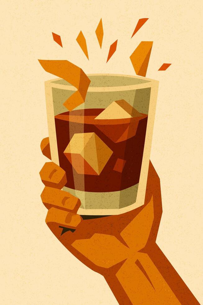 Negroni cocktail with orange slice and ice in a hand vector