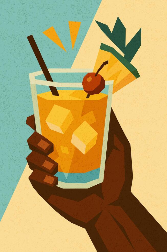 Mai Tai cocktail with pineapple and cherry in hand vector