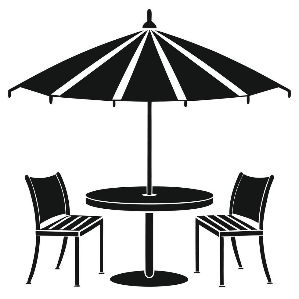 Serene Outdoor Patio Setting Stylish Black Table and Chairs Under a Striped Umbrella - Professional digital artwork with vibrant colors and detailed composition vector