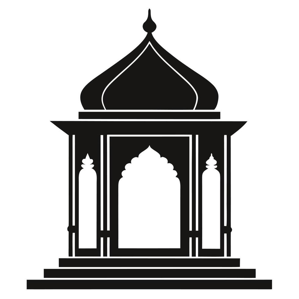 Serene Black and White Silhouette of an Elegant Islamic Pavilion, a Majestic Structure Against a Pure White Background vector