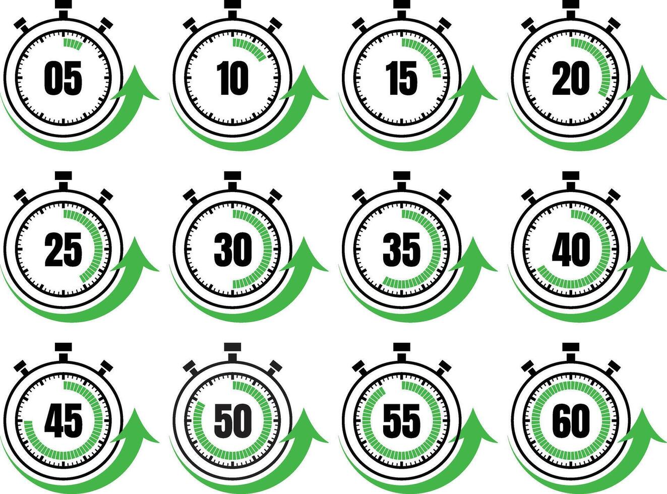 a set of stopwatch icons with green arrows vector
