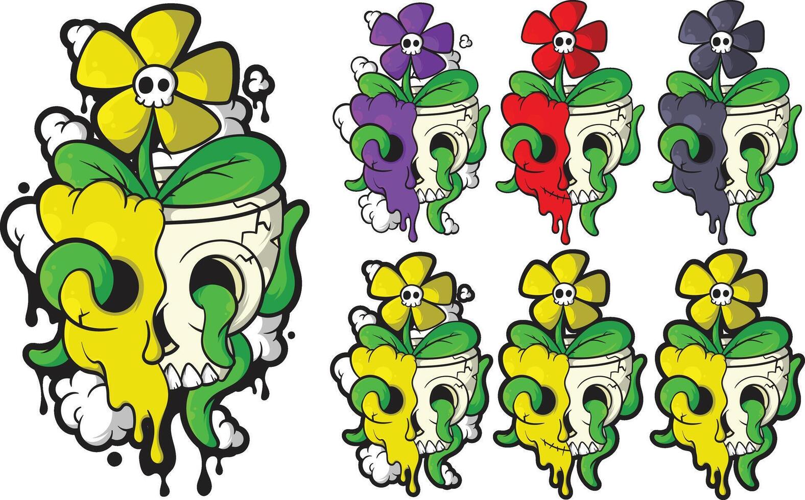 a set of four different colored skulls with flowers vector