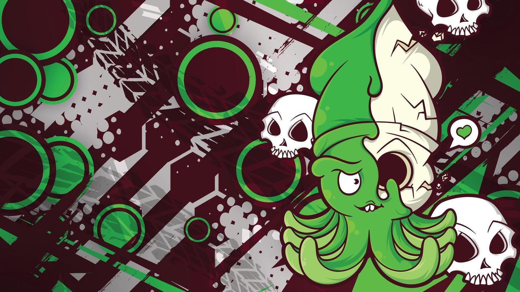 Quirky green squid with skulls vector