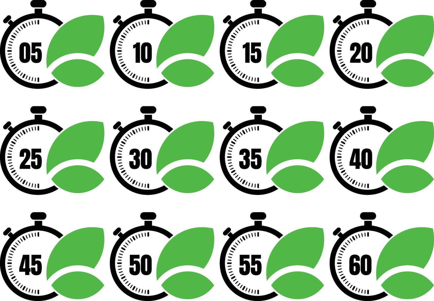 a set of green leafs with a stopwatch and a clock vector