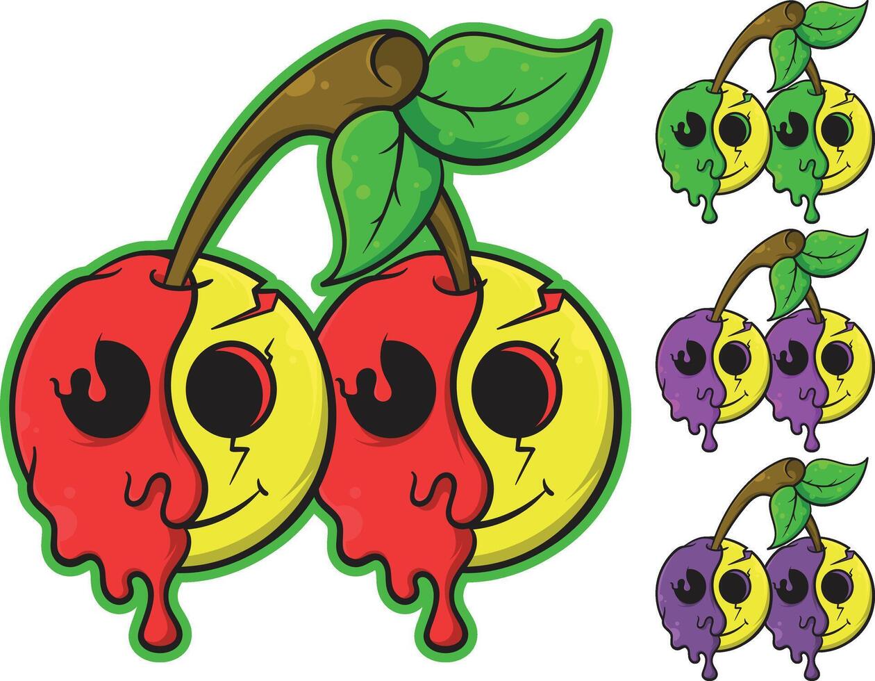 a sticker with a cartoon cherries with eyes and a red and yellow face vector