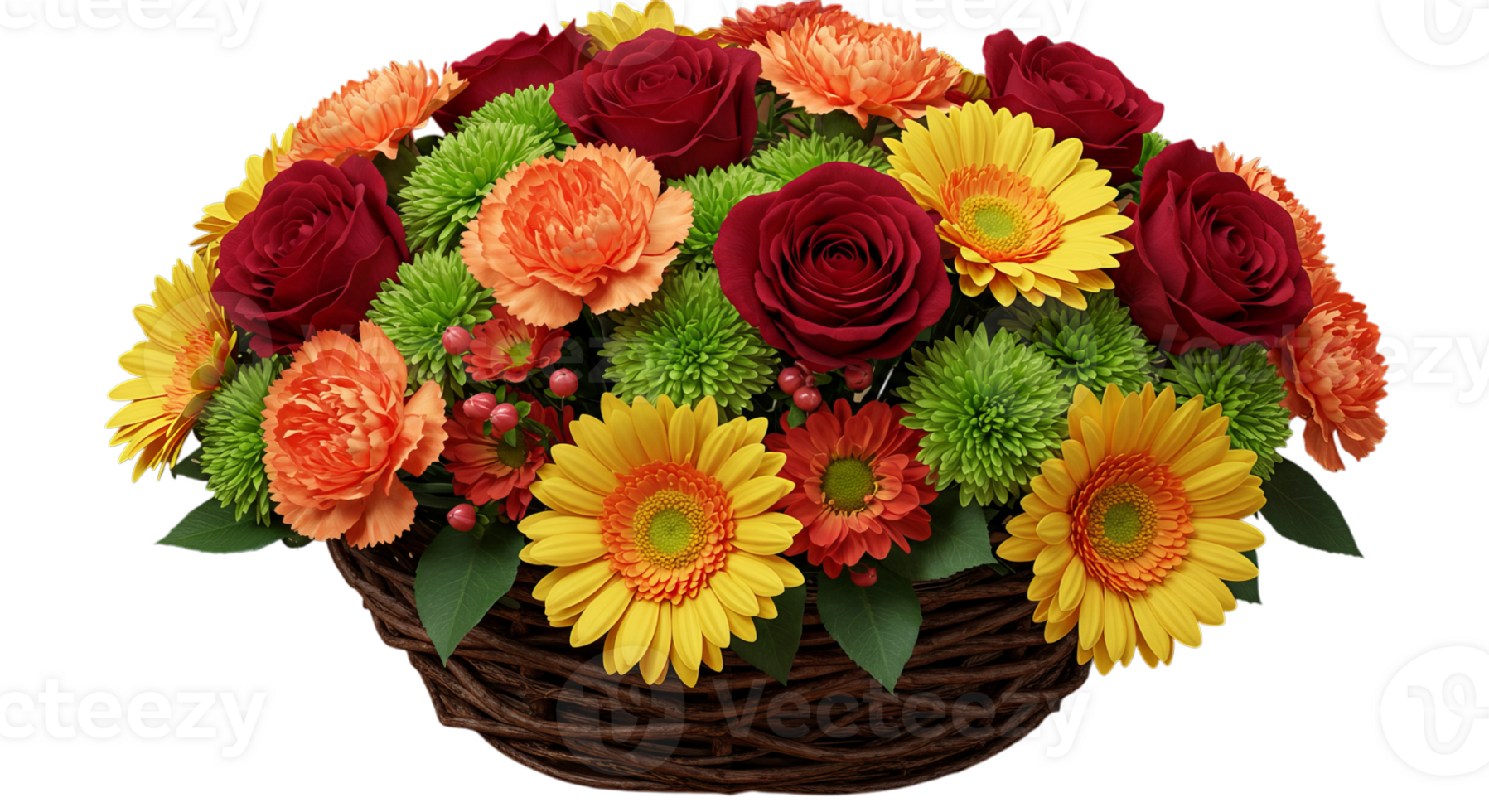 Colorful Floral Arrangement with Roses and Daisies in Woven Basket png