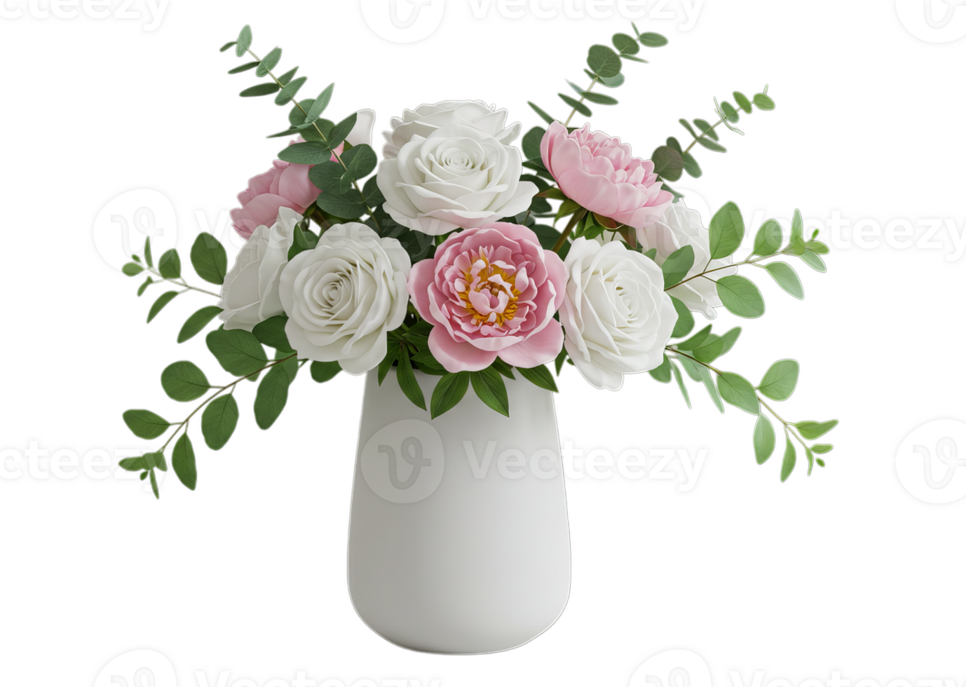 Floral Arrangement White Roses and Pink Peonies in White Vase png