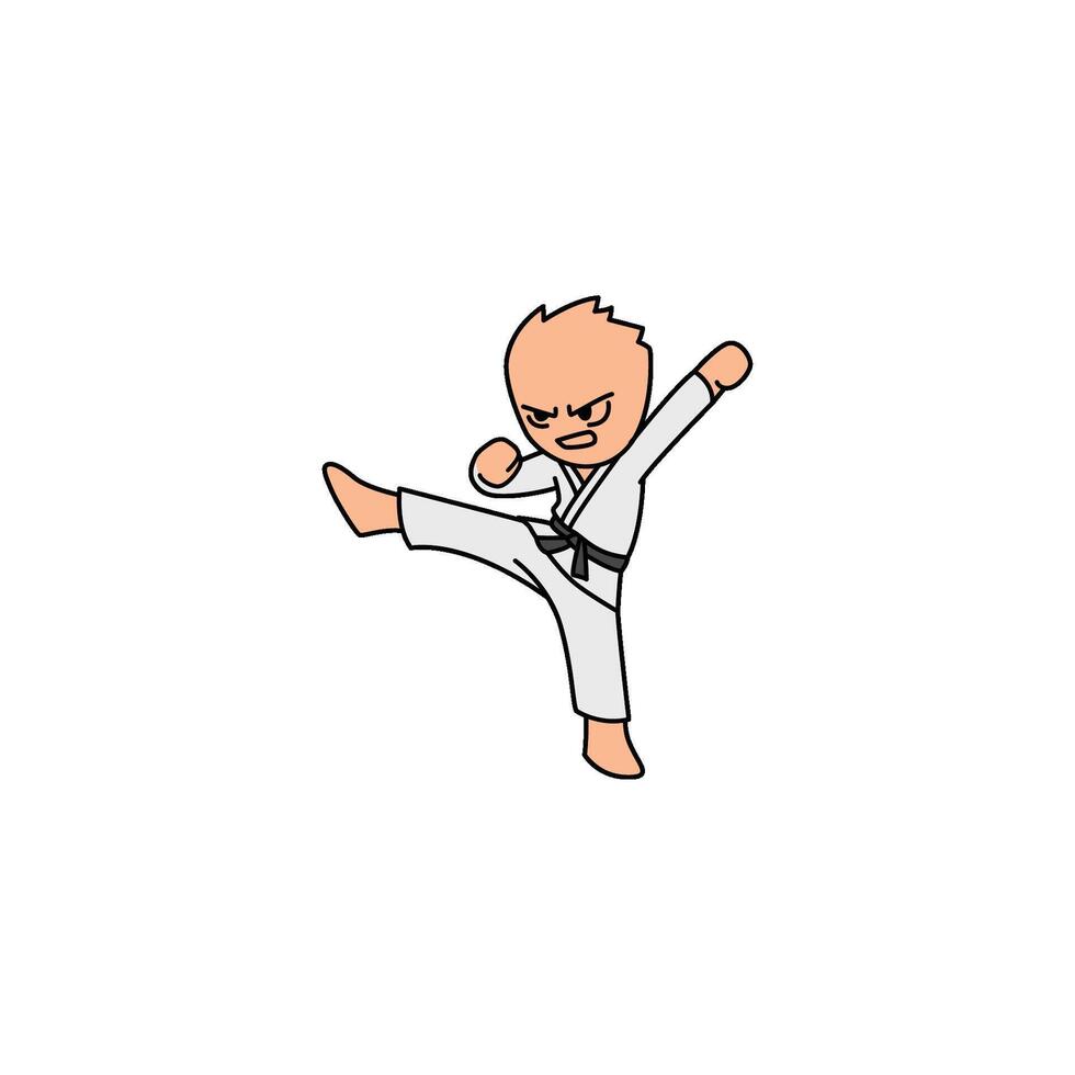An icon of a cartoon character in a white gi with a black belt, performing a high, powerful kick with one leg extended dynamically. vector