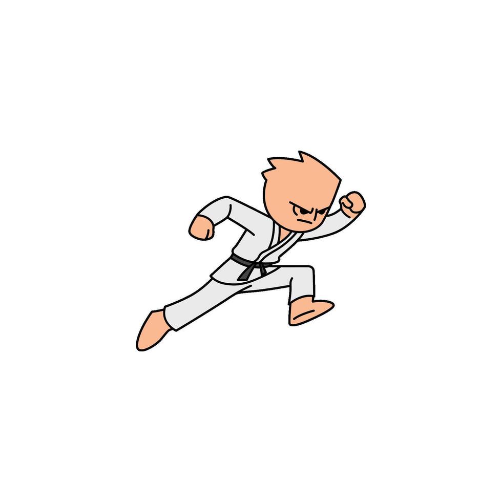 An icon of a cartoon character in a white gi with a black belt, performing a powerful high punch with intense focus and dynamic movement. vector
