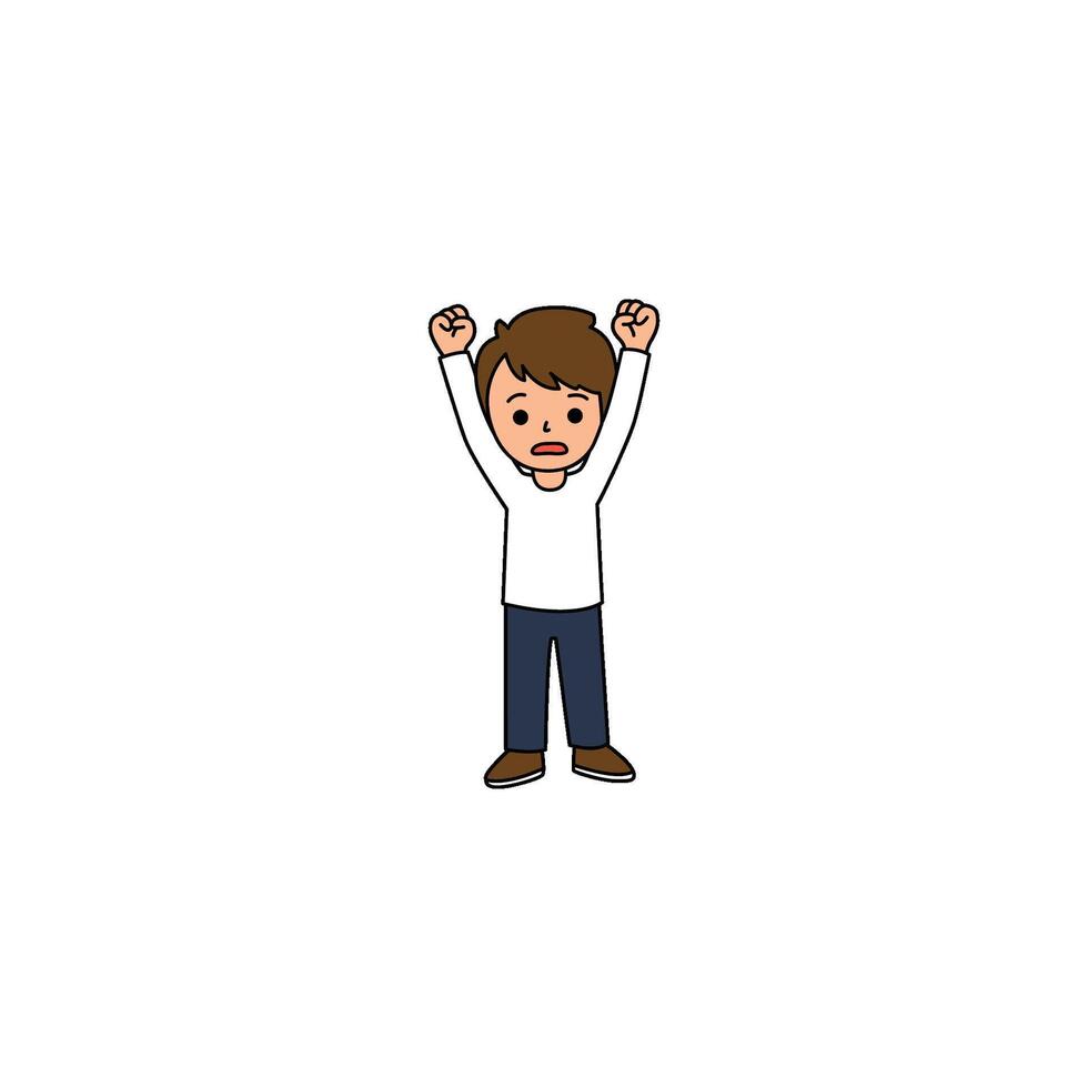 An icon of a cartoon man standing with arms raised in triumph and a joyful expression, symbolizing victory, success, or happiness. vector