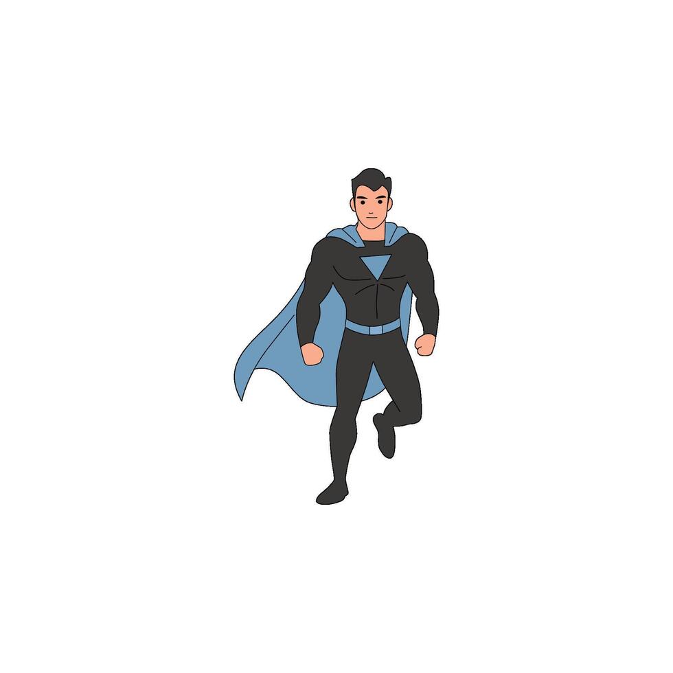 An icon of a superhero in a black suit and blue cape, standing confidently and looking directly forward, ready for challenges. vector