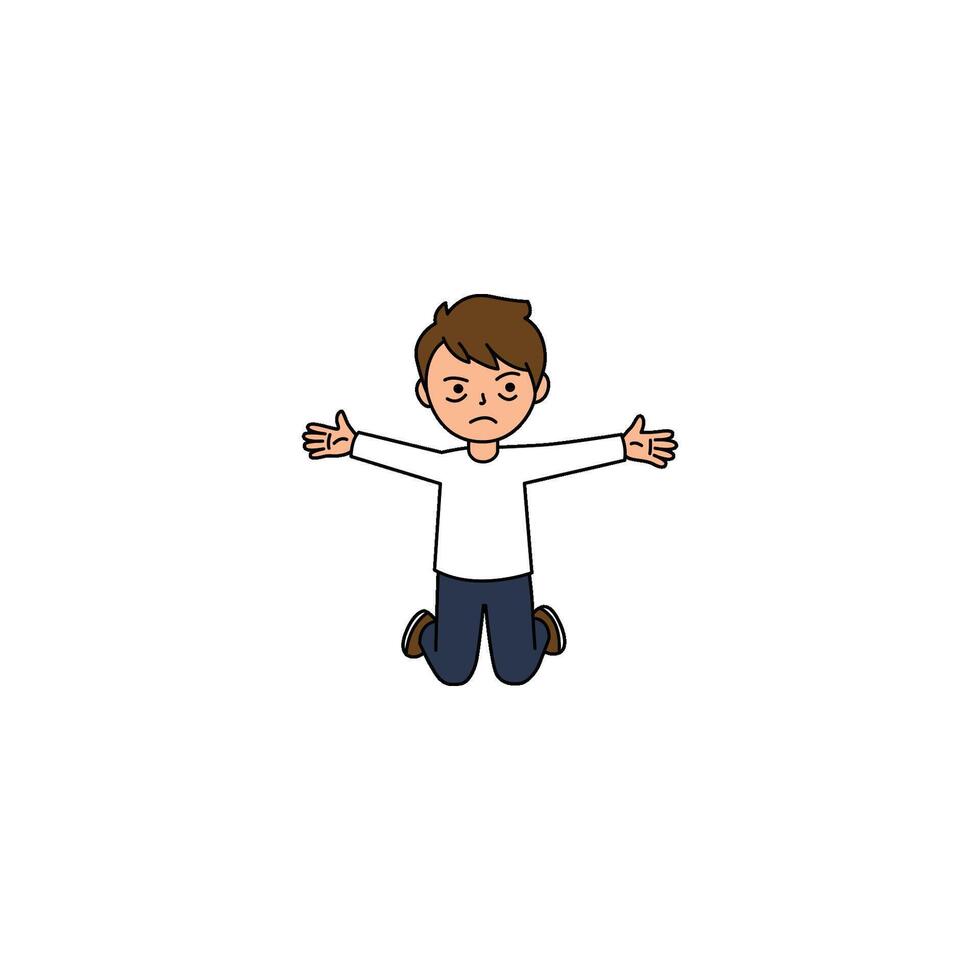 An icon of a cartoon man kneeling with arms outstretched and an exasperated or helpless expression, suggesting surrender or defeat. vector