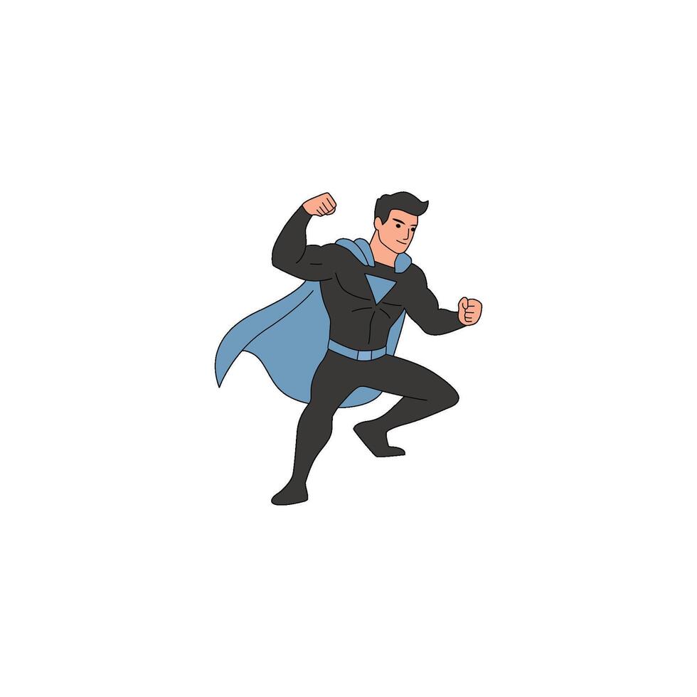 An icon of a superhero in a black suit and blue cape, in a low, leaping, or attacking pose with one fist raised, showing agility and impact. vector