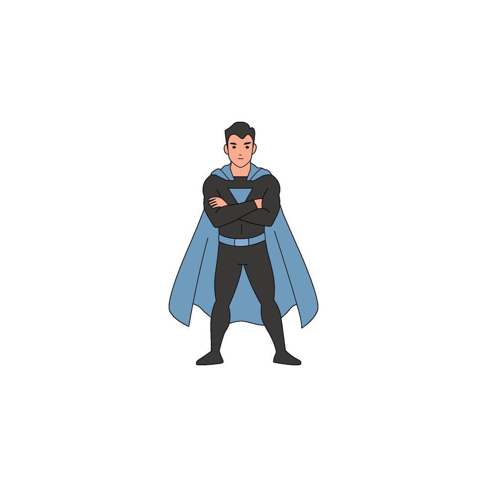 An icon of a superhero in a black suit and blue cape, standing confidently with hands on hips, ready for action. vector