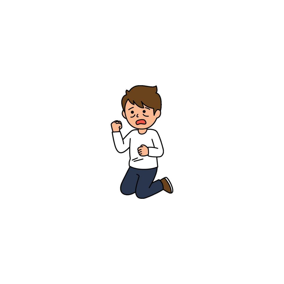 An icon of a cartoon man kneeling with clenched fists and a grimace, expressing anger, determination, or intense resolve. vector
