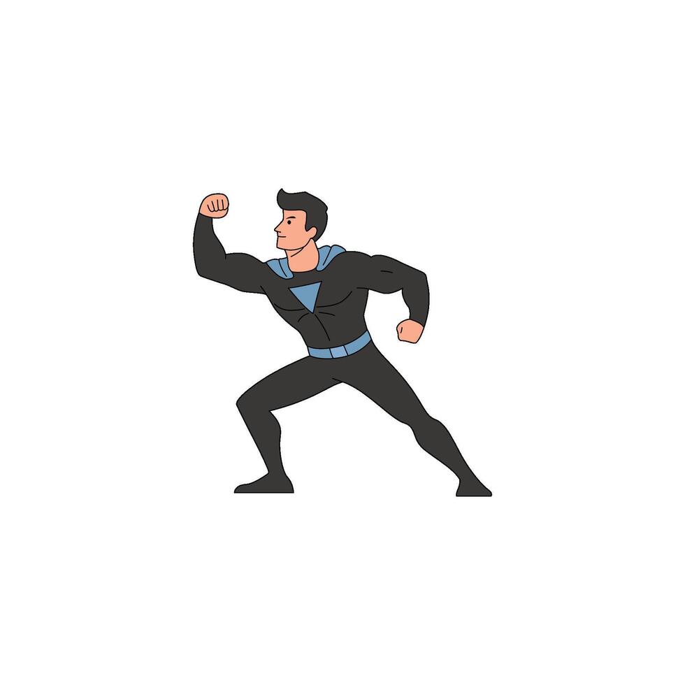 An icon of a superhero in a black suit and blue cape, crouched slightly with one fist raised and the other arm back, in a dynamic fighting stance. vector