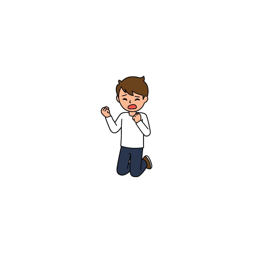 An icon of a cartoon man kneeling with clenched fists and a frustrated or annoyed expression, showing irritation or building anger. vector