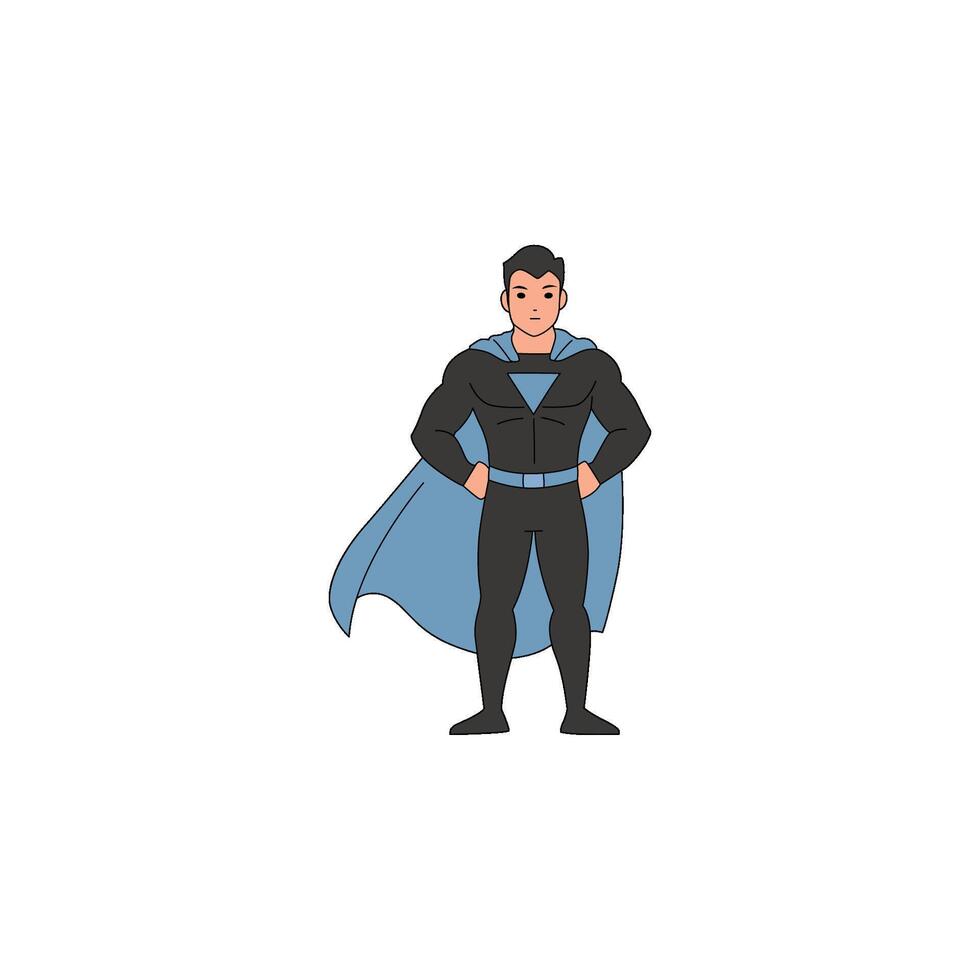 An icon of a superhero in a black suit and blue cape, standing with hands on hips, showcasing power, authority, and calm readiness. vector