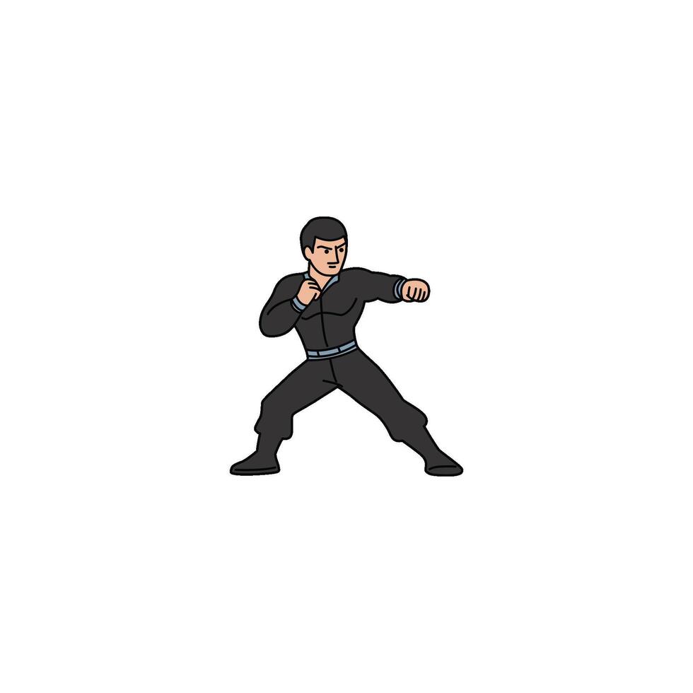 An icon of a man in a black uniform, coiled and ready to unleash a powerful punch from a low, stable stance. vector