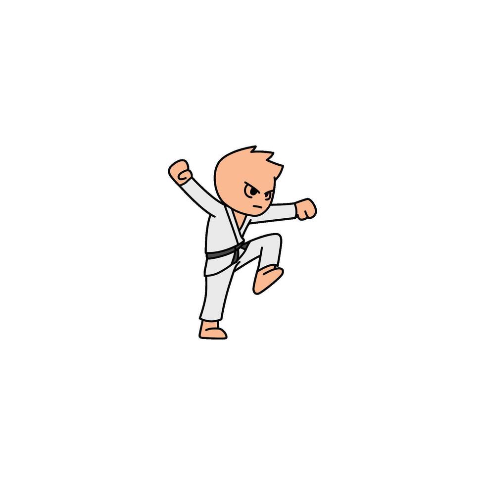 An icon of a cartoon character in a white gi with a black belt, executing a side kick with good balance and force. vector