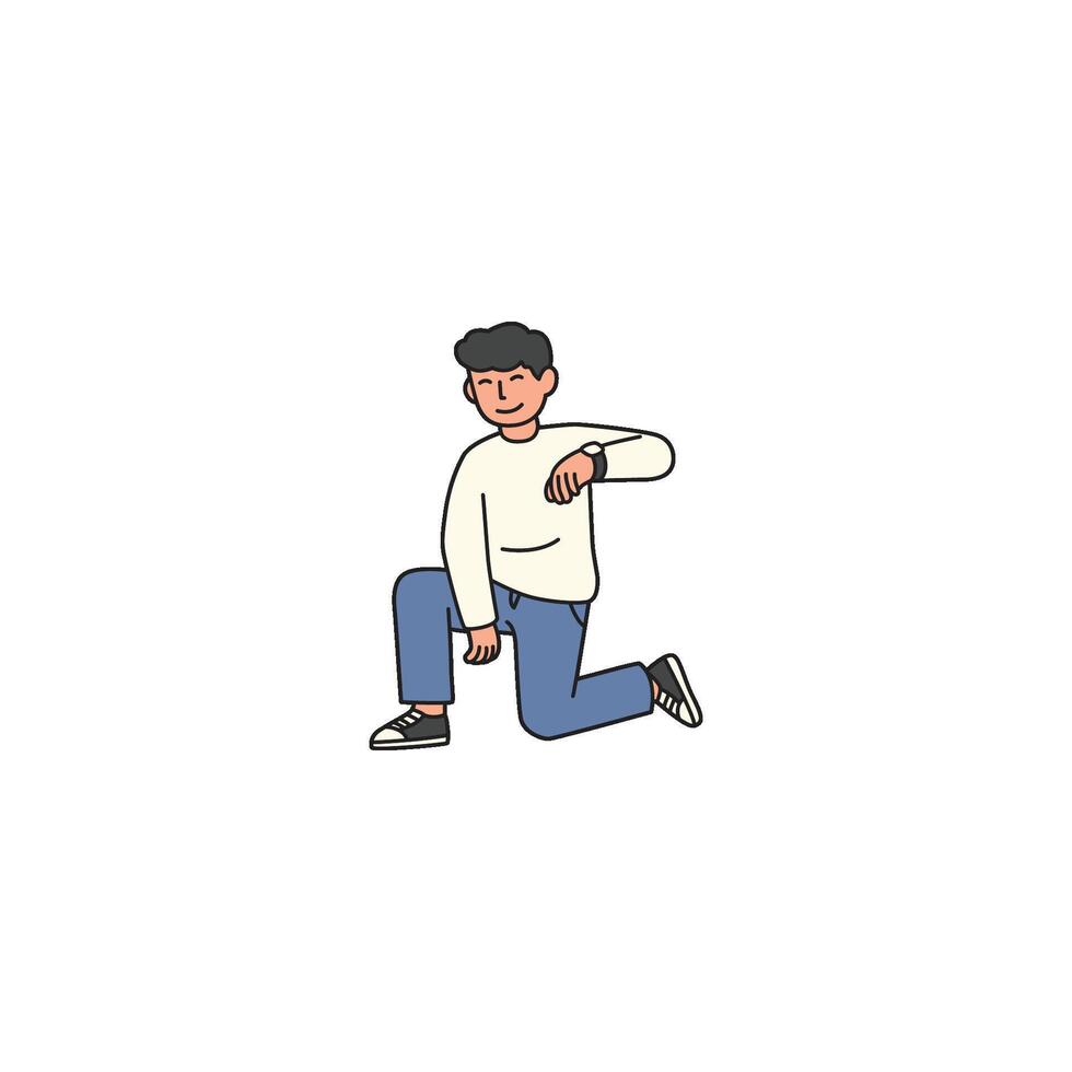 An icon of a man kneeling with one arm bent and raised, suggesting a gesture of thinking, acknowledging, or a casual pause. vector