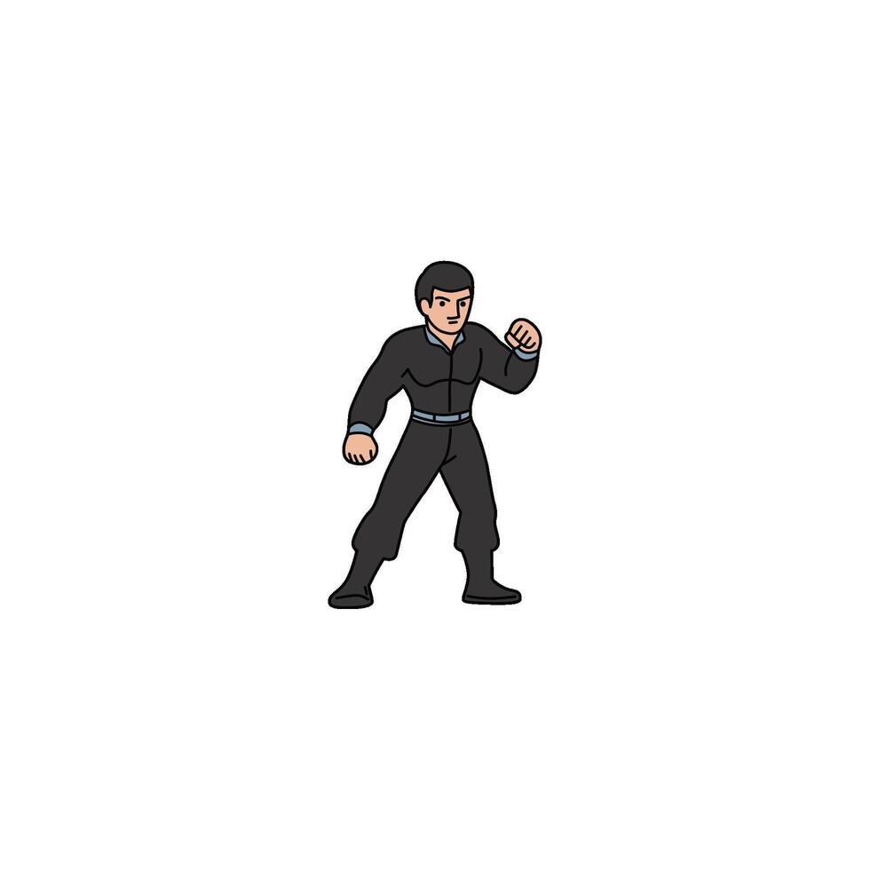 An icon of a man in a black uniform, in a dynamic attack stance with one arm raised high, indicating an overhead strike or leap. vector