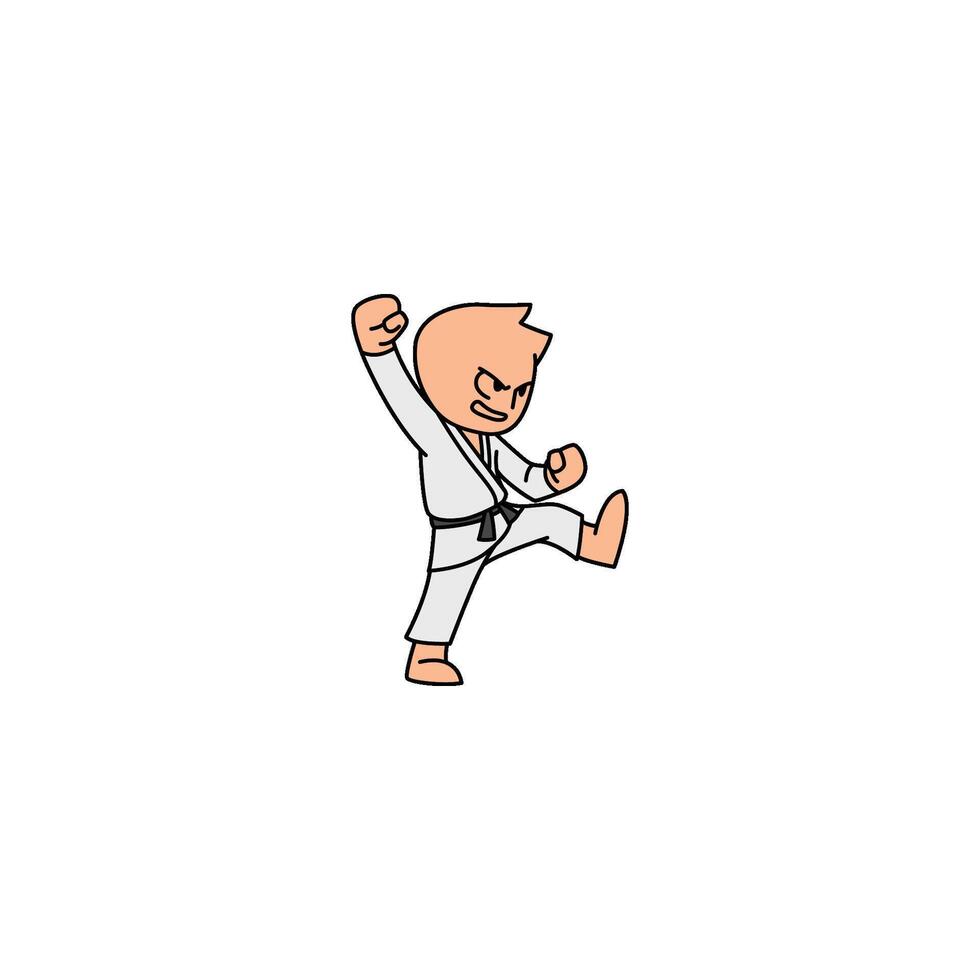 An icon of a cartoon character in a white gi with a black belt, performing a high block, defending against an overhead attack with power. vector
