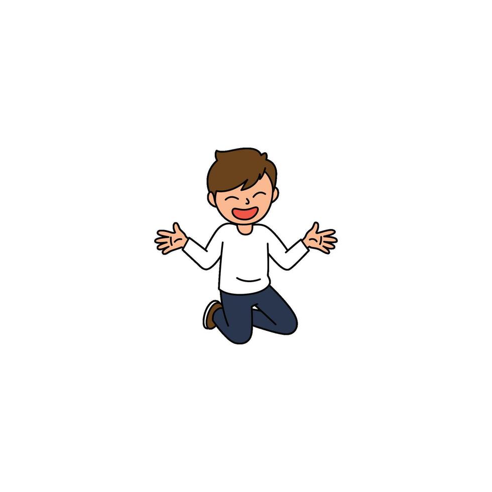An icon of a cartoon man kneeling with wide-open arms and a big smile, conveying excitement, joy, or enthusiastic welcome. vector