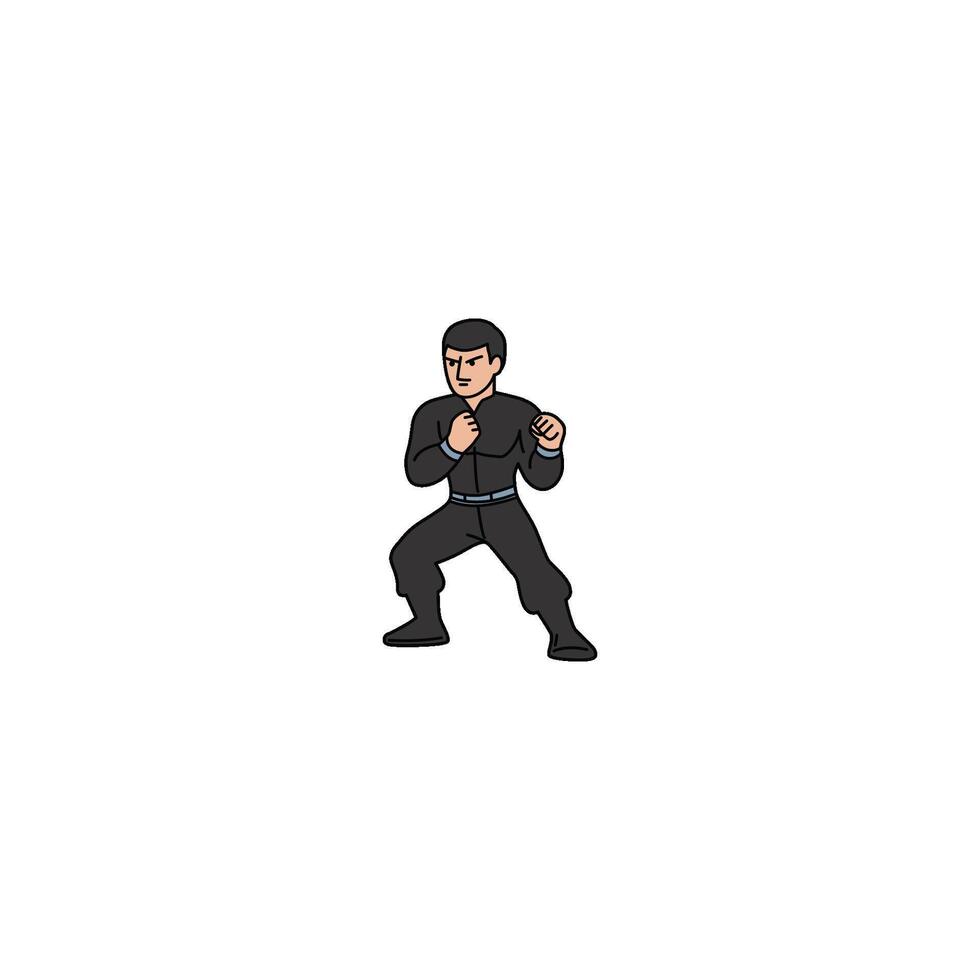 An icon of a man in a black uniform, in a defensive pose with arms guarding the body, ready to deflect attacks. vector