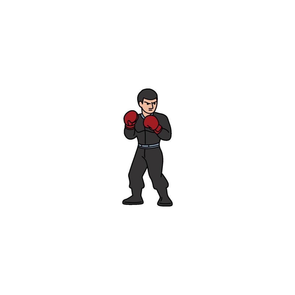 An icon of a man in a black uniform with red boxing gloves, preparing to deliver a punch with focused intent. vector