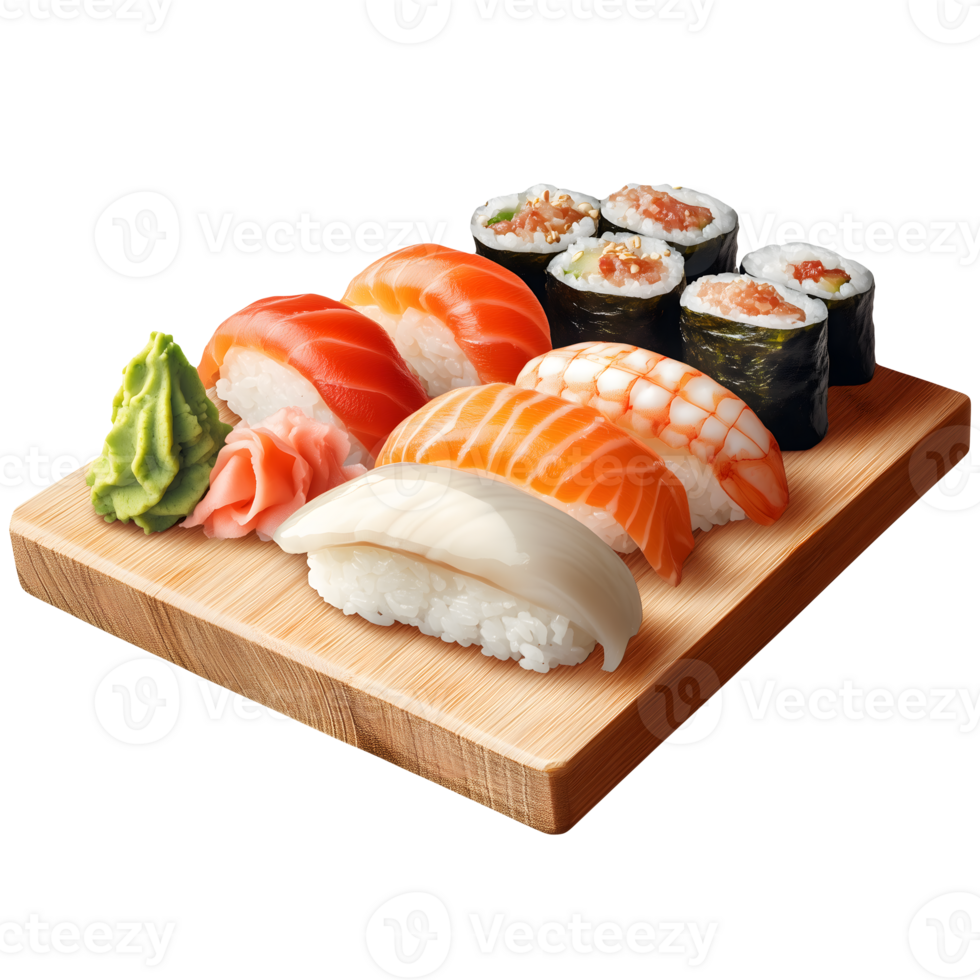 Delicious Sushi Platter Salmon Shrimp Tuna and Vegetable Rolls on Wooden Board png