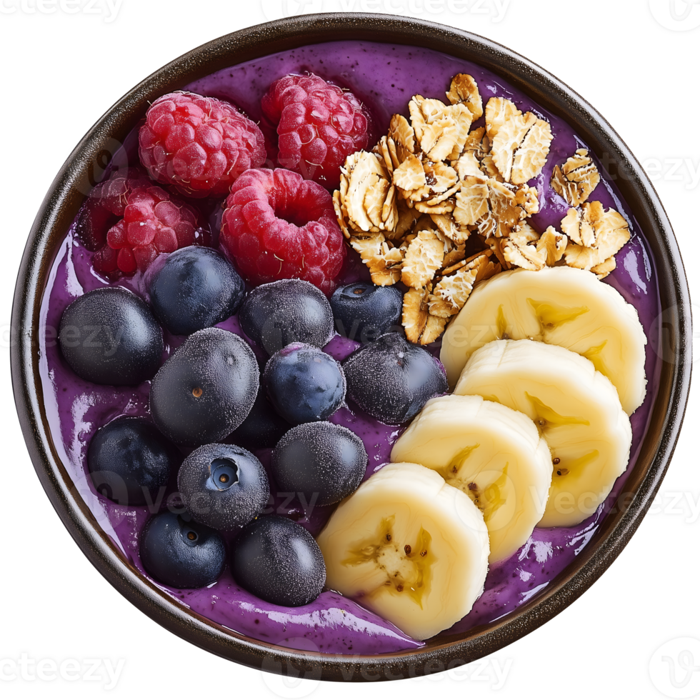 Delicious Acai Bowl with Raspberries Blueberries Banana and Granola png
