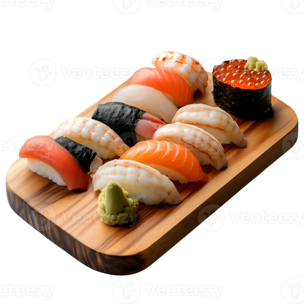 Assorted Fresh Sushi Nigiri Platter Salmon Shrimp Tuna and More on Wooden Board png