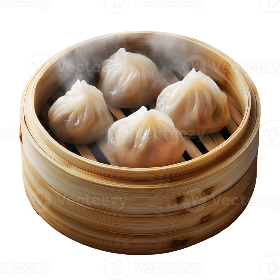 Steaming Delicious Xiao Long Bao Dumplings in Bamboo Steamer Basket png