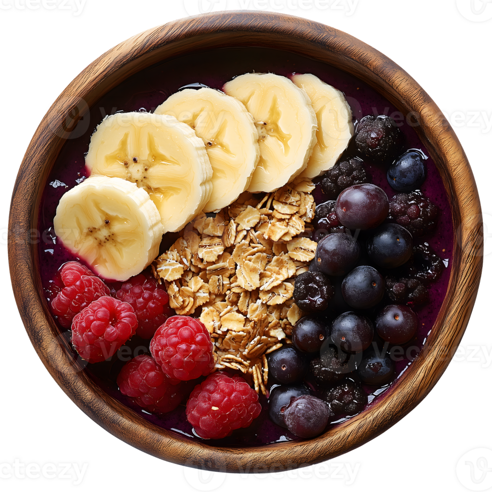 Delicious Acai Bowl with Banana Raspberries Blueberries Granola Healthy Breakfast png