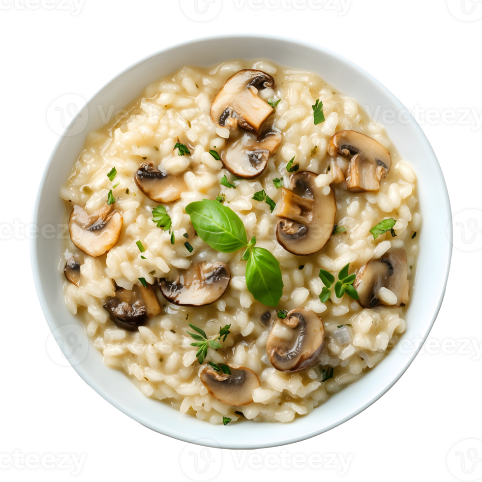 Delicious Creamy Mushroom Risotto in White Bowl Italian Cuisine Food Photography png