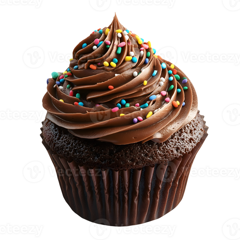 Delicious Chocolate Cupcake with Swirled Frosting and Colorful Sprinkles Sweet Treat png