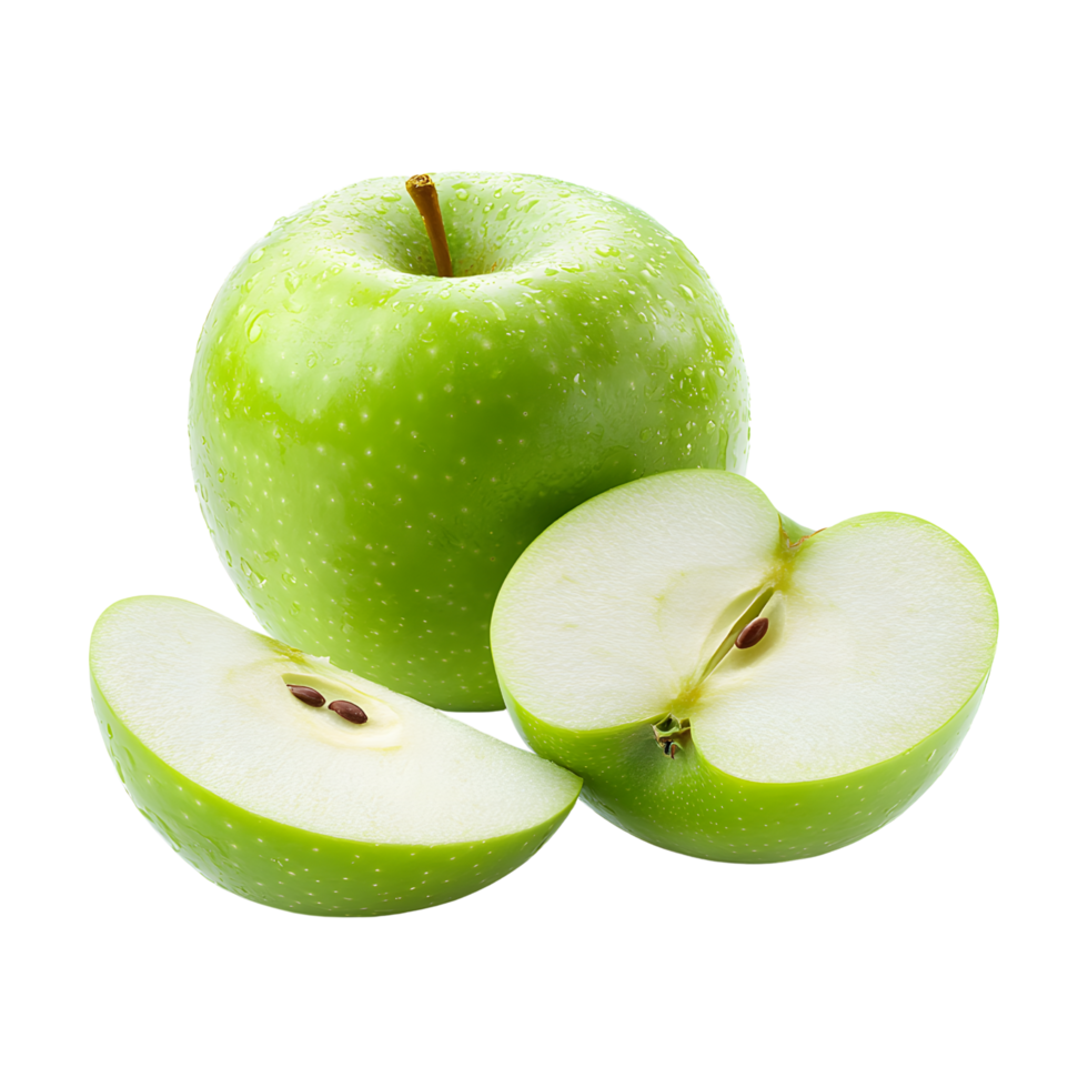 Whole and cut slices green apple isolated on transparent background png
