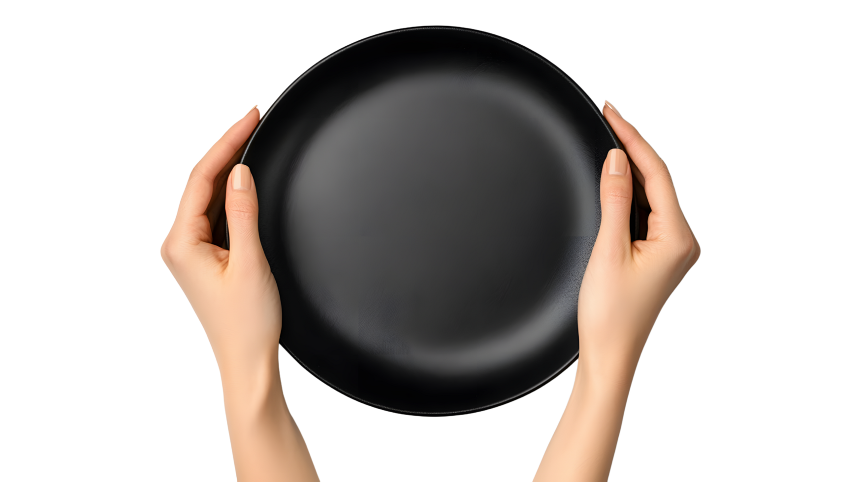 Two hands holding empty round black metal baking tray oven pan isolated on transparent background png