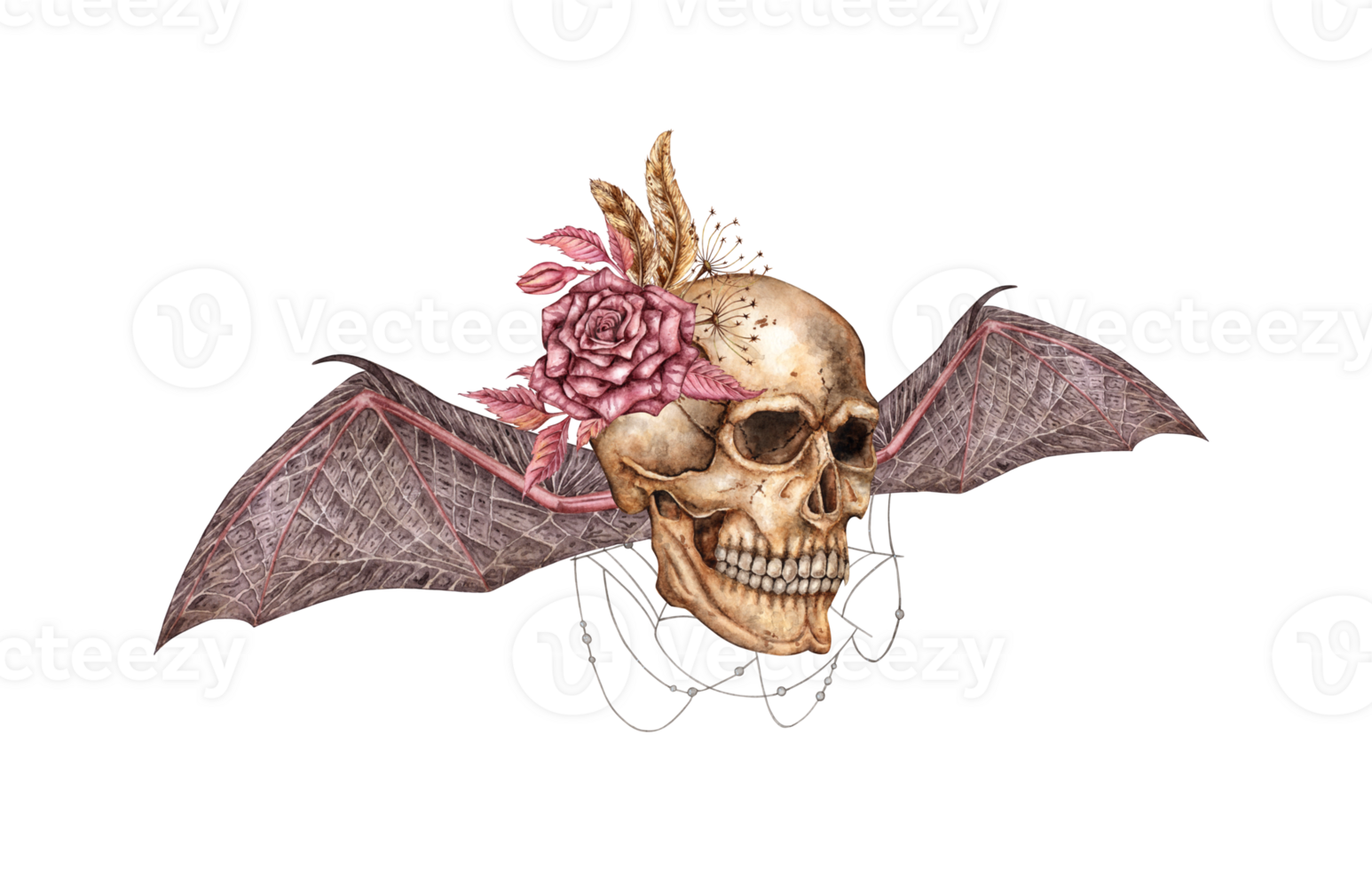 Skull profile bat wings and rose watercolor png