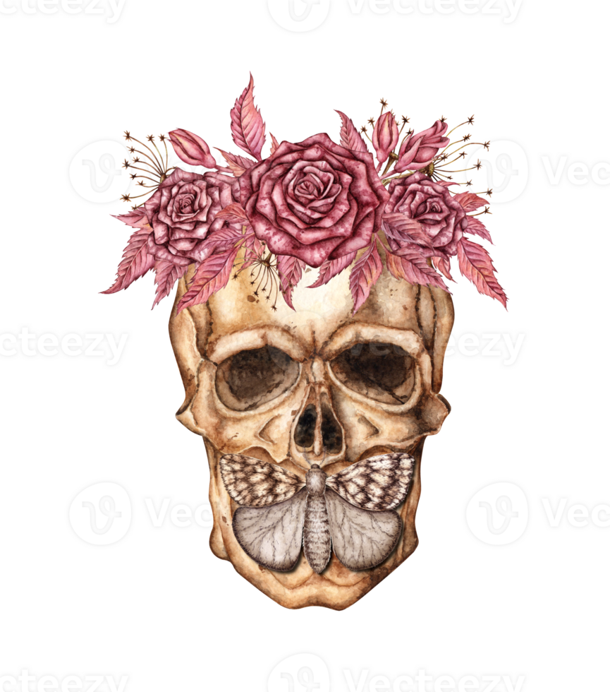 Skull with dark red roses, buds, dried flowers and a moth watercolor illustration. Bones in gothic style. Day of the Dead, Halloween, Dia de los muertos. Isolated from the background. Symbolism. png