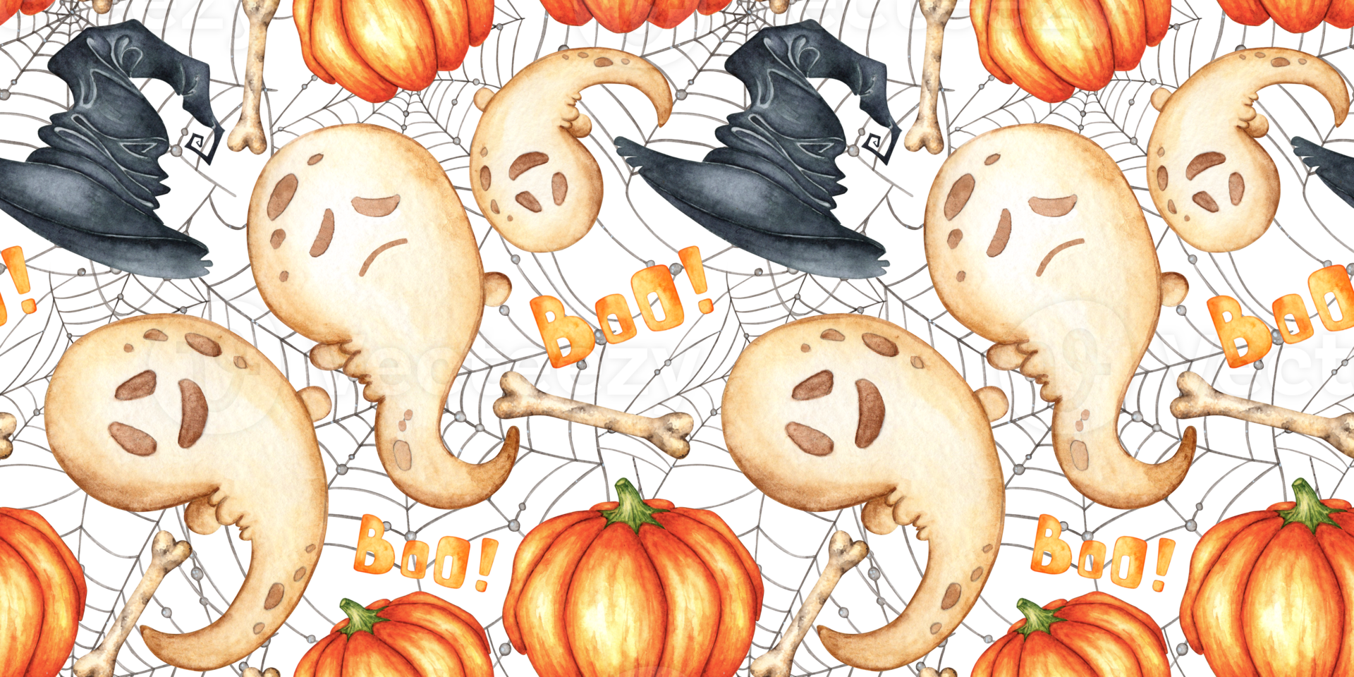 Ghost pumpkin hat and spider web pattern watercolor png