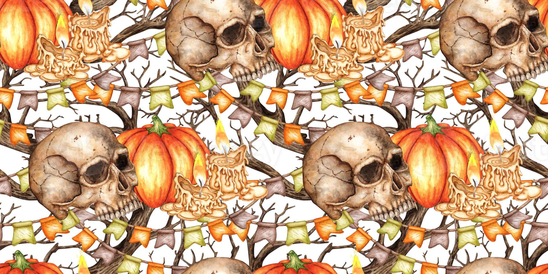 Human skull surrounded by pumpkins, candles, garland flags and branches of dry trees. Watercolor illustration isolated from the background. Creepy seamless pattern, Halloween and Dia de los Muertos. png