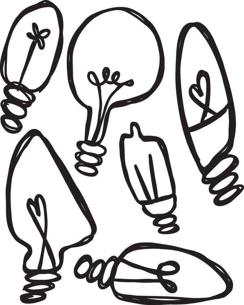 Hand-drawn light bulb doodle illustration featuring unique filament designs and whimsical shapes vector